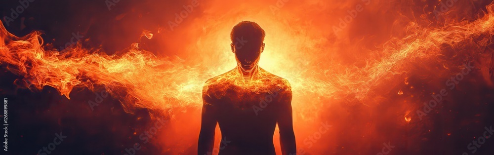 Aufkleber man surrounded by glowing flames in a dramatic display of light and energy at dusk