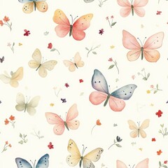 Delightful watercolor doodles of butterflies surrounded by small flowers in a serene nature setting