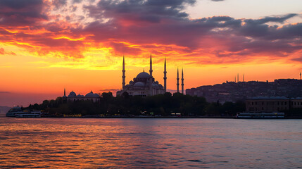 Breathtaking view of the iconic skyline of Istanbul Turkey with the majestic mosques and minarets silhouetted against a vibrant