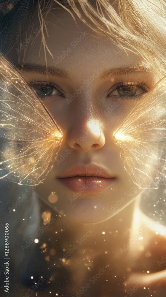 Poster serene portrait of a woman with glowing features and ethereal butterfly-like light effects in a myst