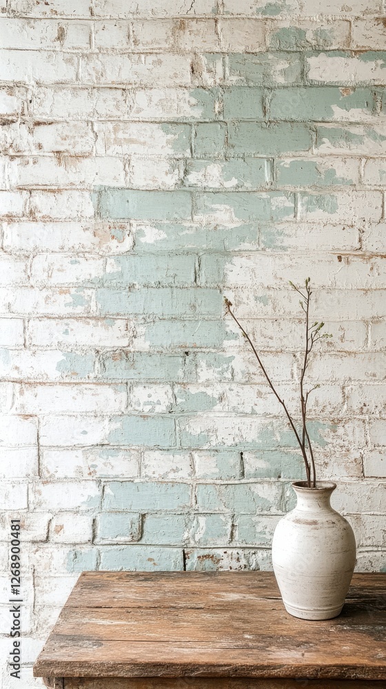 Aufkleber rustic whitewashed brick wall with soft green accents and simple vase on weathered wooden table
