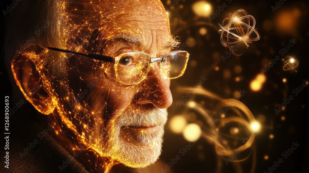 Poster mystical visualization of a physicist's face showcasing concepts of quantum science and energy in a 