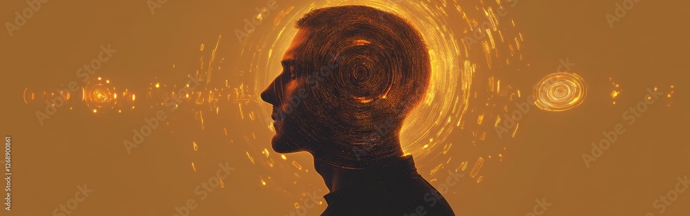 Poster mystical profile of a man surrounded by swirling golden light in an ethereal atmosphere at dusk