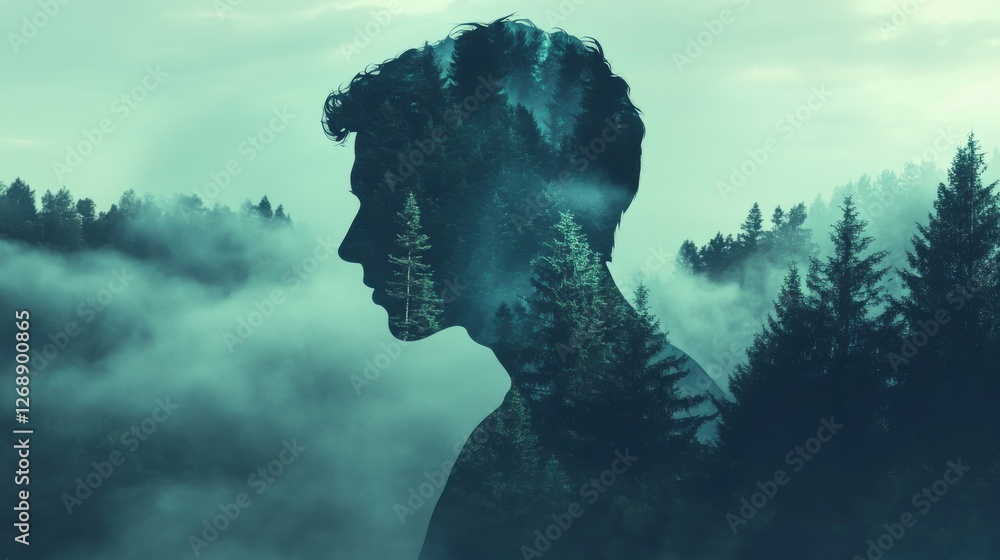 Poster mystical profile of a man filled with forest imagery in a serene atmosphere at dawn