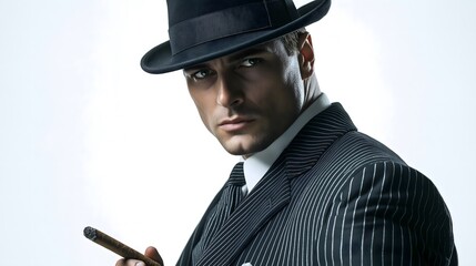 Handsome young man in black suit, tie and fedora hat holding cigar isolated on white background, elegant businessman portrait, formal male fashion model, classic gangster style character