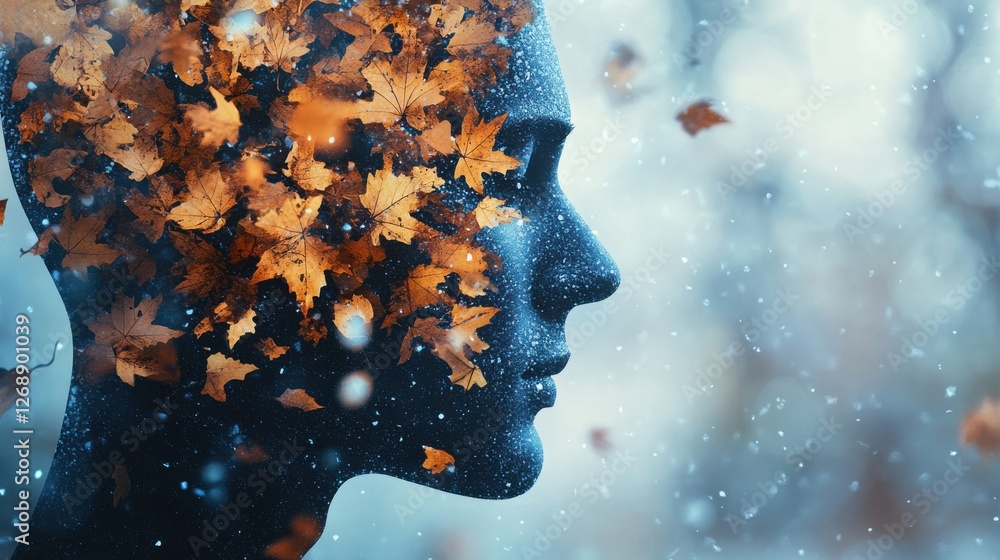 Poster mystical profile of a man filled with autumn leaves surrounded by swirling snowflakes in a serene la
