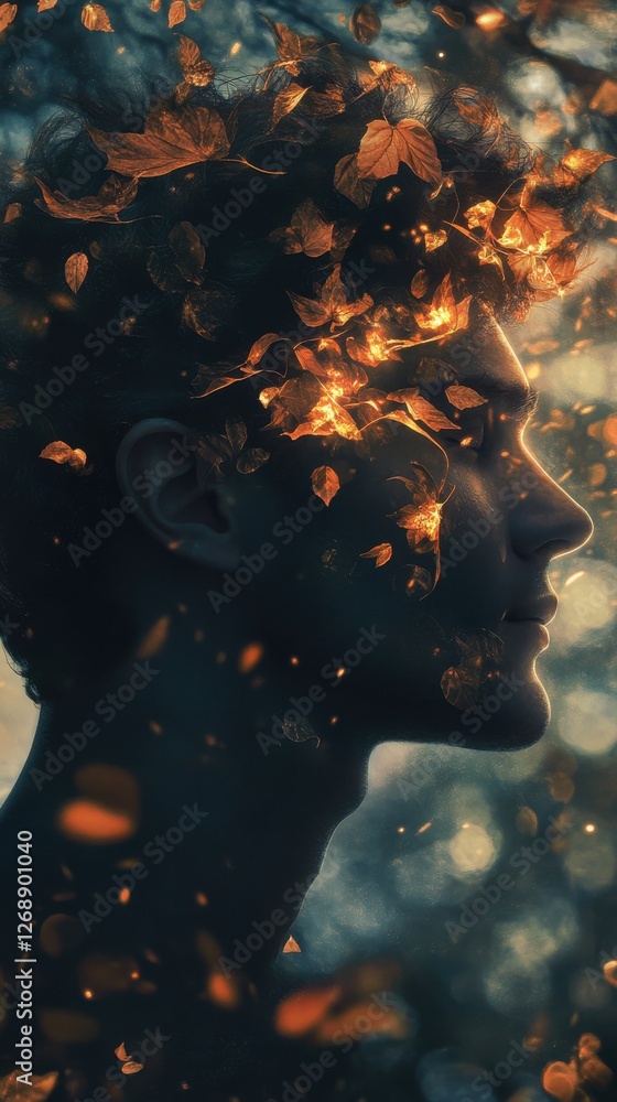 Poster Mystical profile of a man adorned with ethereal leaves and glowing light at twilight in a serene forest backdrop