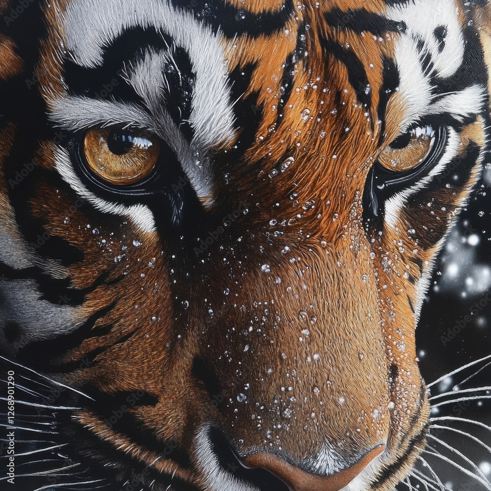 Poster macro shot captures the intense gaze of a tiger's face, revealing its striking features and intricat