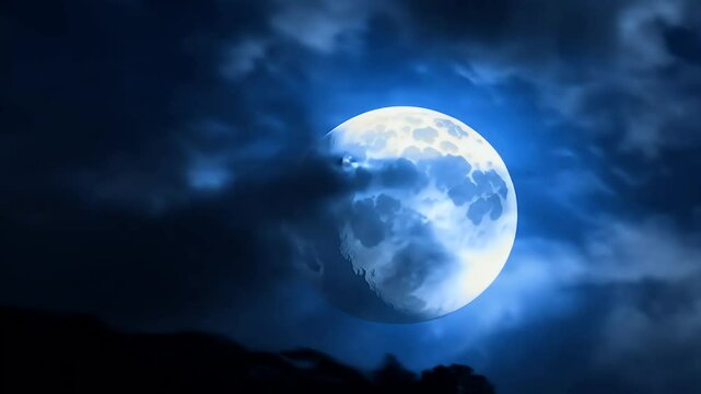 Fast motion video showing rare blue moon emerging drifting clouds highlighting uncommon astronomical event often described occurring &ldquo;once blue moon &rdquo;