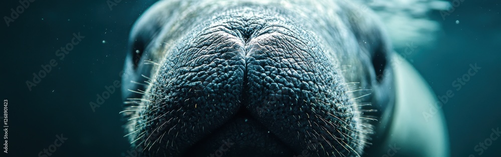Poster Close-up view of a manatee's face showing intricate textures and details underwater
