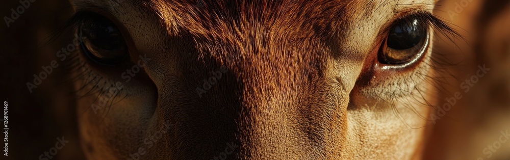 Poster close-up view of a deer's face showcasing intricate details and striking eyes in natural surrounding