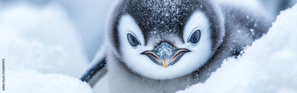 Poster close-up of a penguin chick's face in a snowy environment showcasing its adorable features at a wild