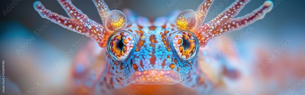 Poster macro view reveals intricate details of nudibranch's unique face-like features and vibrant colors in