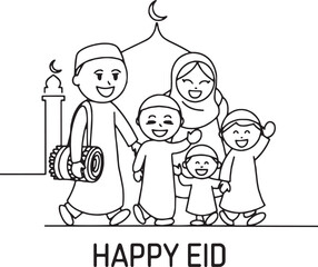 a minimalistic, single-line drawing of a joyful stickman family celebrating Eid ul-Fitr.