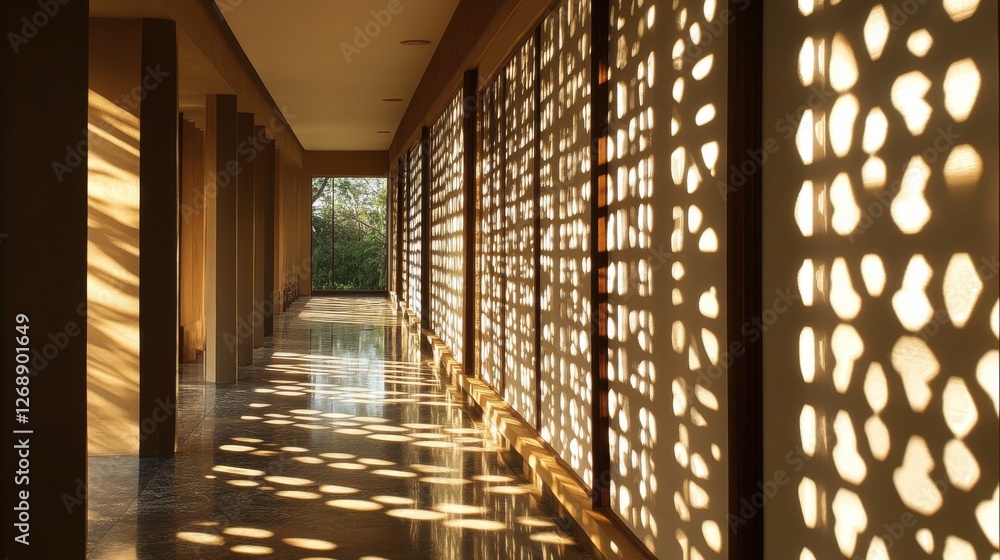 Fototapete Sunlight filters through a patterned hallway, creating dynamic shadows on the floor during the afternoon hours in a serene environment