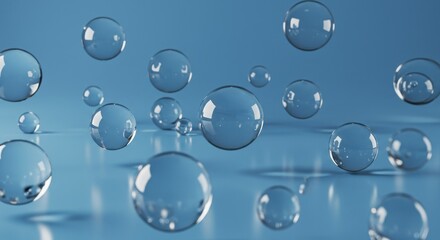 A collection of crystal clear spheres floating in a soft blue environment