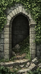 Overgrown stone archway with crumbling steps and dark entrance