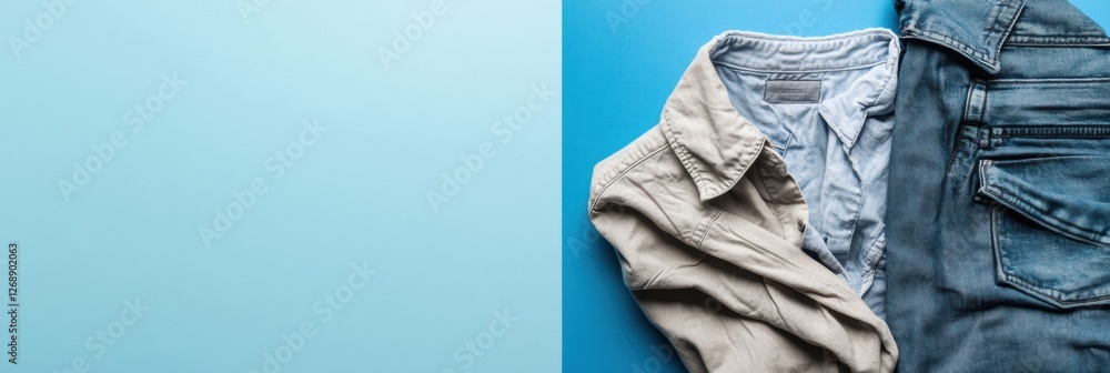 Aufkleber Comparison of dirty clothes and freshly laundered items in a clean setting with ample space for text expansion. Generative AI