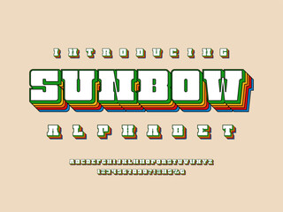 Colorful stylized alphabet design with uppercase, numbers and symbols