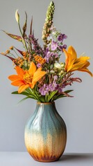 Vibrant orange and purple wildflowers in a ceramic vase