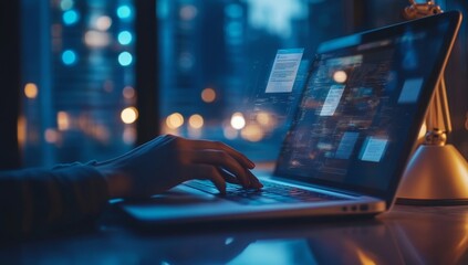Nighttime laptop use, city view, data analysis, project work