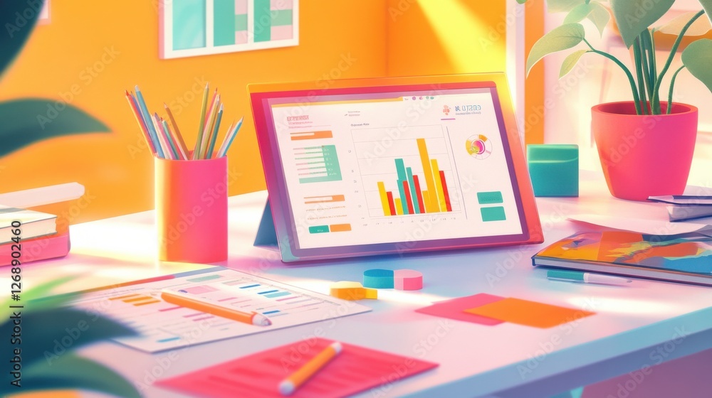 Poster Bright workspace with a tablet displaying colorful graphs and charts during the day in a family-oriented setting