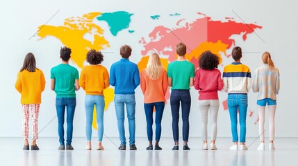 Obraz premium Diverse group of people standing in front of a colorful world map in a creative space.