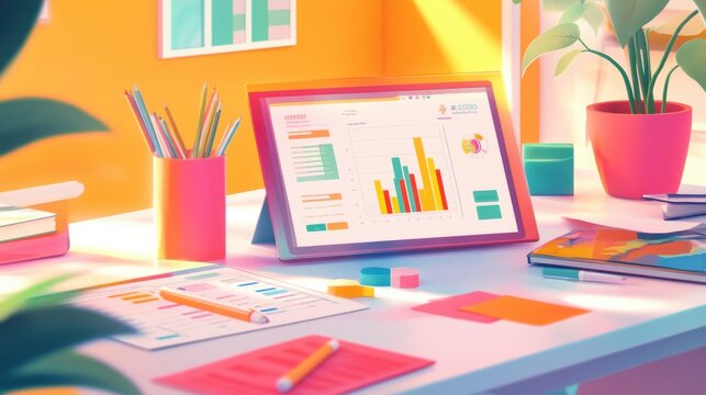 Bright workspace with a tablet displaying colorful graphs and charts during the day in a family-oriented setting