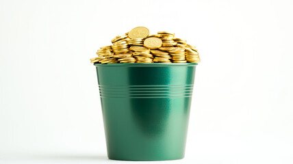 A green bucket overflowing with shiny gold coins, symbolizing wealth and abundance, on white background, Saint Patrick's Day