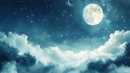 A glowing full moon illuminates the serene night sky