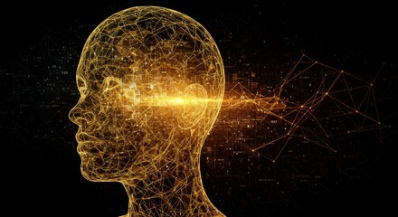 Obraz premium A futuristic human profile with glowing network nodes and lines forming a digital web over the face