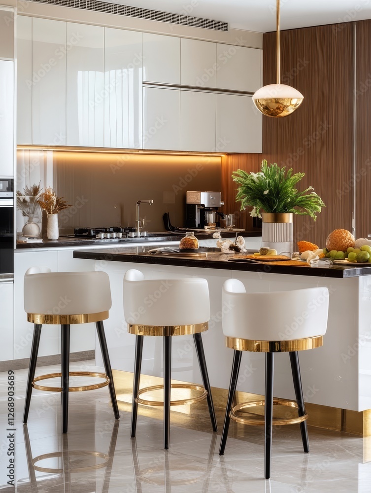 Wall mural Modern Kitchen Island with Gold Accent Stools - Three white and gold bar stools sit at a kitchen island in a modern kitchen with white cabinets and brown accents