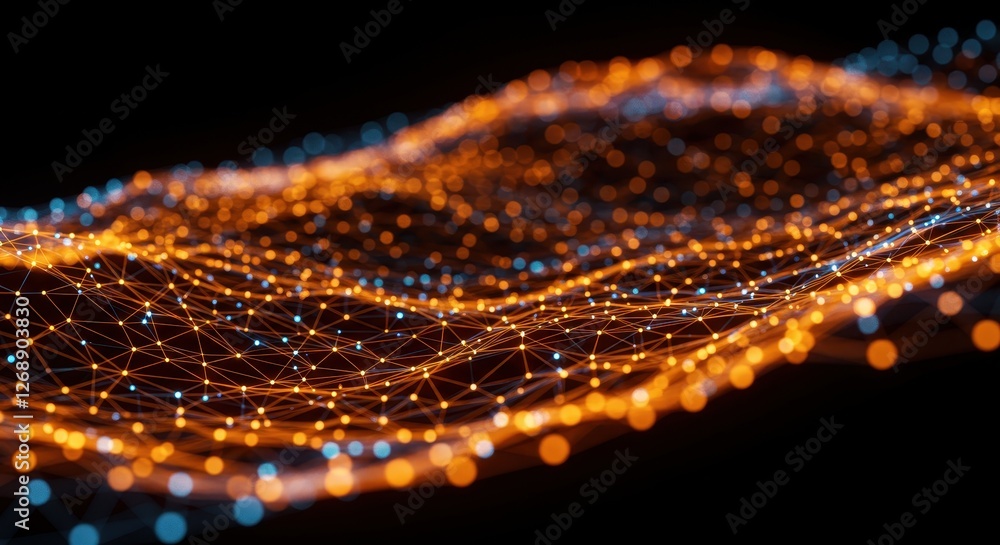 Aufkleber an abstract visualization of interconnected light nodes in glowing orange and blue, forming a digita