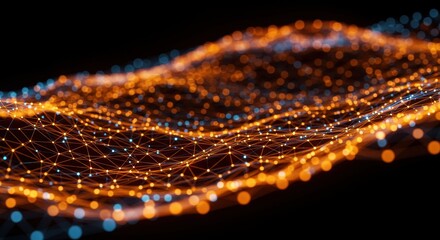 An abstract visualization of interconnected light nodes in glowing orange and blue, forming a digital network