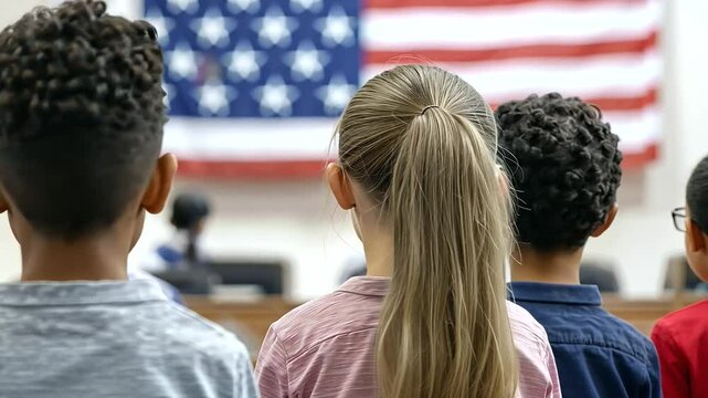 Classroom of students reciting the Pledge of Allegiance to the flag