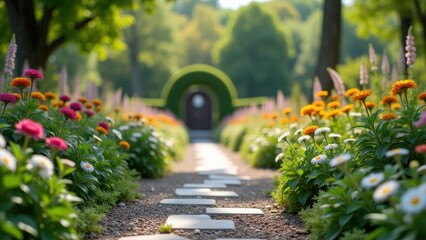 Fototapeta premium Hay fever, Garden with blooming flowers and stone path no blurring
