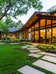 Obraz premium Modern Luxury Home Exterior Design - Elegant home showcasing modern architecture, landscaped gardens, stone pathway, and expansive windows. Symbolising luxury, serenity, modern design, outdoor living