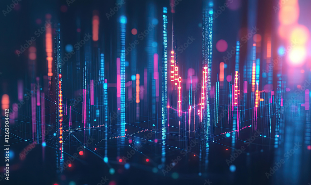 Poster abstract digital cityscape illuminated with neon lights and data streams
