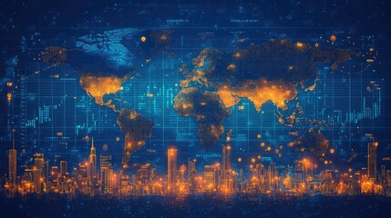 Fototapeta premium Futuristic Global Network: Digital World Map with Data and Technology Integration