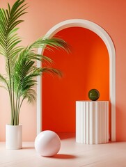 Modern Minimalist Interior Design - Stylish peach and orange room with white column, spheres, and palm plant. Modern interior design concept