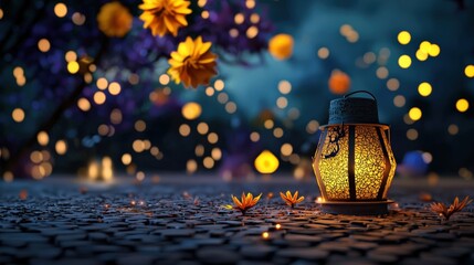 A tranquil night scene featuring a glowing lantern surrounded by beautiful flowers and soft bokeh lights, creating a magical atmosphere.