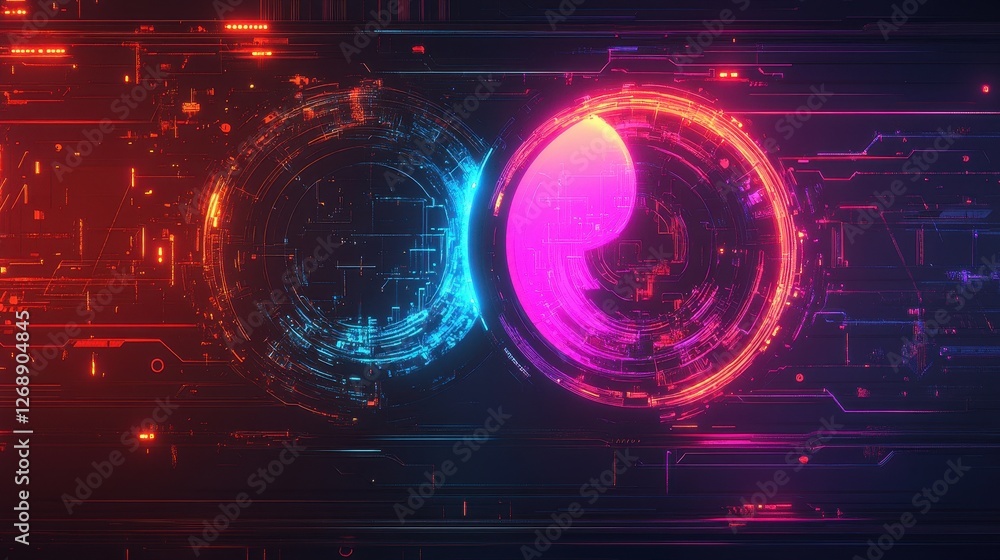 Poster abstract digital background with interconnected circles in neon colors
