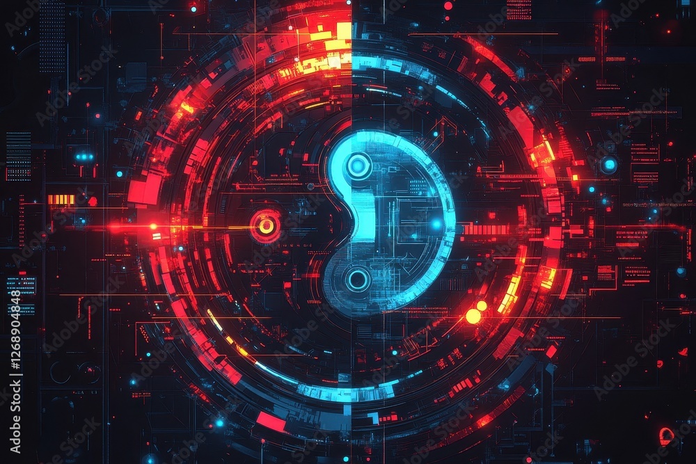 Poster abstract digital yin and yang symbol with technology elements