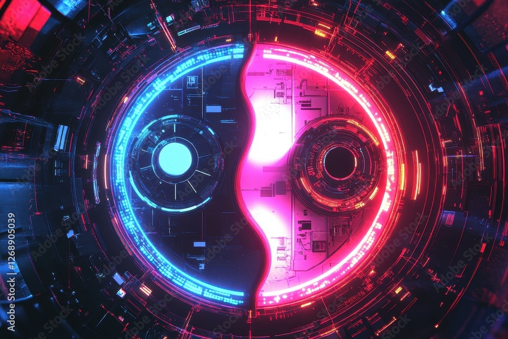 Poster yin yang symbol comprised of futuristic technological components