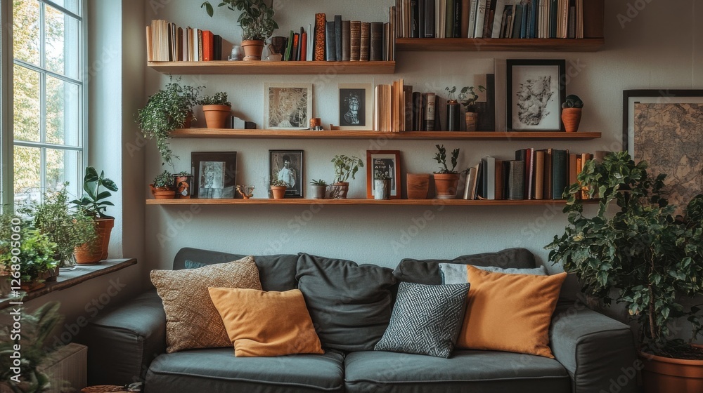 Poster cozy living room with floating shelves adorned with plants and books, creating an inviting atmospher