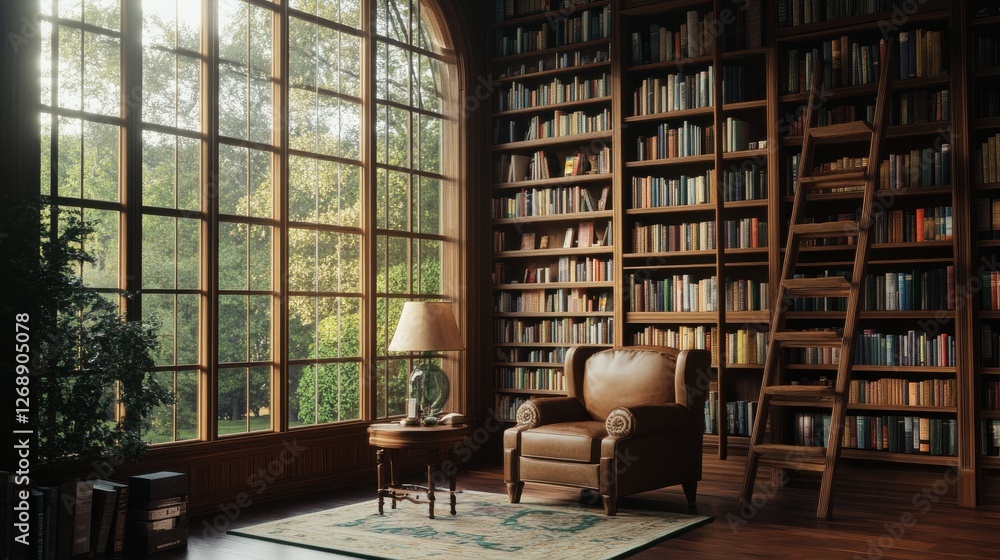 Poster cozy library with floor-to-ceiling bookshelves and a comfortable reading nook in a sunlit room