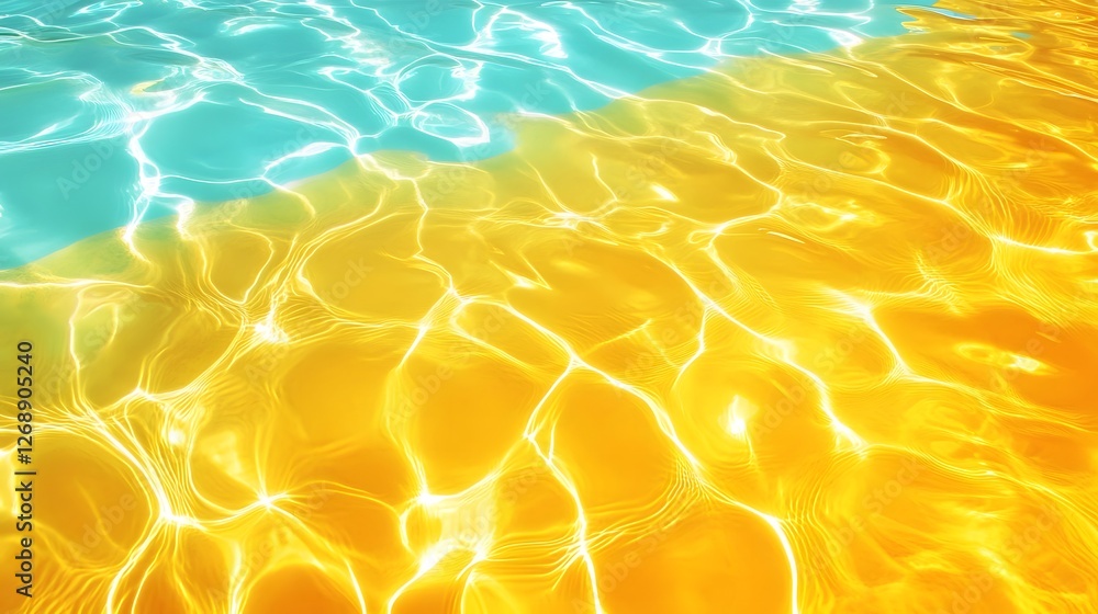 Poster Captivating abstract image of shimmering luminous reflections of golden sunlight on the rippling surface of a tranquil azure pool or body of water  The fluid