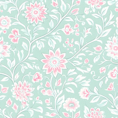 Obraz premium Soft Mint Green and Pink Seamless Floral Pattern with Romantic Vintage Aesthetic for Fabric and Home Decor