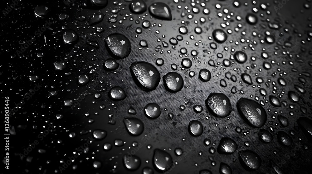 Poster Captivating abstract image of water droplets cascading and beading on a sleek dark reflective surface creating a mesmerizing and ethereal visual texture