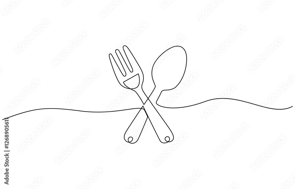 Poster spoon fork place mat one line drawing continuous, single one line drawing spoon. tableware concept. 